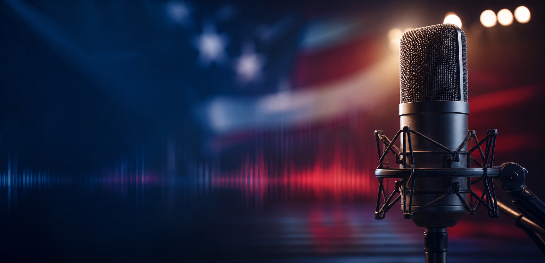 Studio microphone with patriotic red and gold lighting